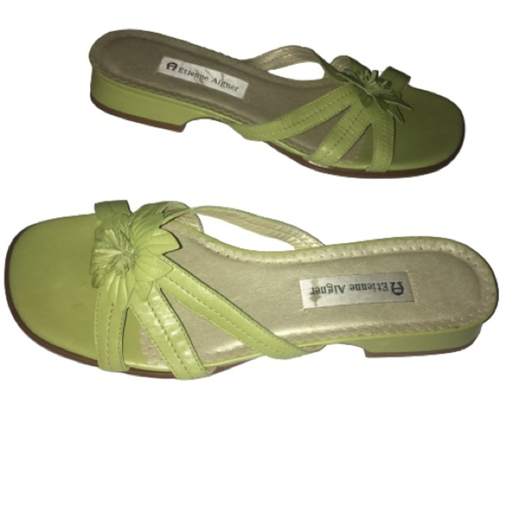 Etienne Aigner Green Flower Leather Slip on Sandal